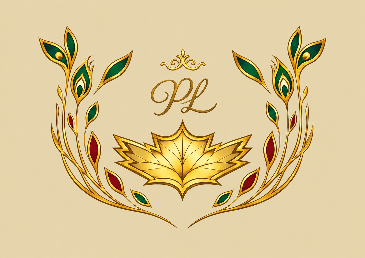 Pamlla luxury bedding logo featuring a gold stylized maple leaf, stylized PL monogram, crown motif, and decorative botanical elements in gold, green, and maroon.