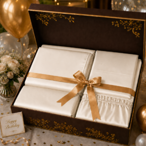 Luxury gift-ready bedding set presented in an elegant box, wrapped with a champagne ribbon and accompanied by a personalized note card.
