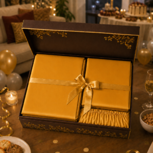 Luxury bedding gift set elegantly arranged in a an elegant box with folded bedding, satin ribbon, and refined packaging for meaningful gifting experiences.