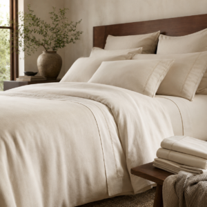Cream Supima cotton bedding set with matching pillowcases, a smooth luxurious finish, and a timeless neutral design styled in a bright bedroom.