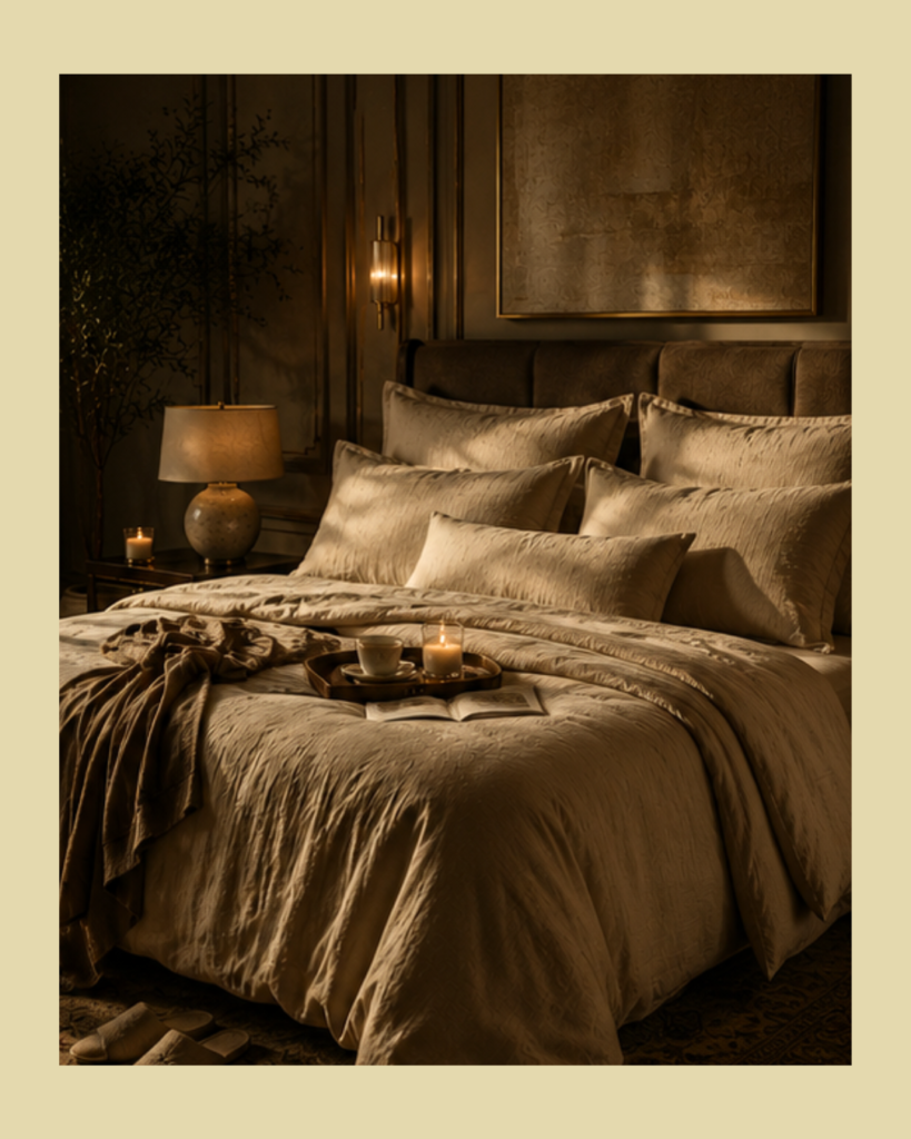 Soft champagne-colored luxury bedding layered with plush pillows and a cozy throw, styled in a warmly lit bedroom with candles and elegant furnishings.