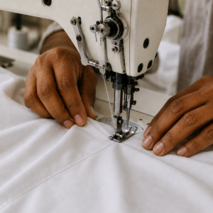 Skilled artisan sewing premium white cotton bedding on an industrial sewing machine, highlighting meticulous craftsmanship and attention to detail.