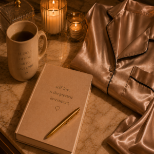 Champagne satin sleepwear, a self-love journal, and a warm cup of tea illuminated by candlelight, creating a serene ritual of rest, reflection, and intentional self-care.