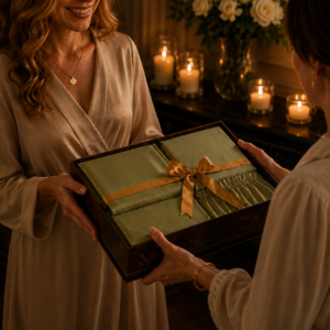 Luxury gift box being presented between two people, featuring neatly arranged bedding accessories and thoughtful details in an elegant, warmly lit setting.