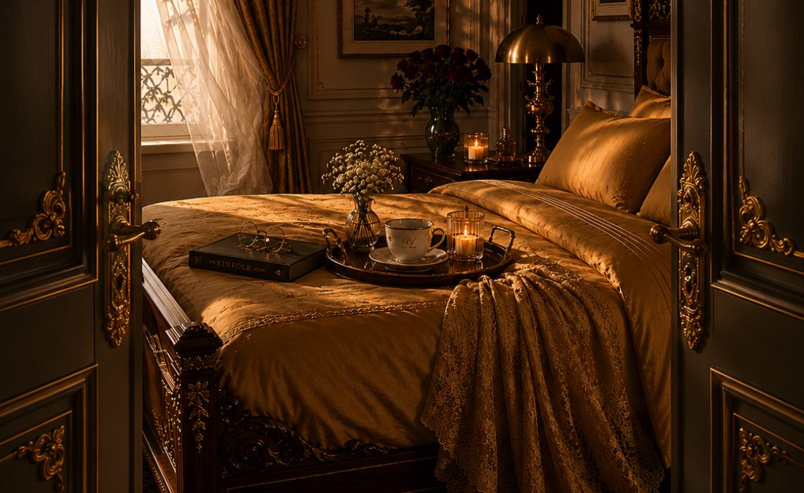 Two large wooden doors open to a Champagne-gold luxury bedding set with layered pillows, embroidered detailing, and elegant styling in a warmly lit bedroom retreat.