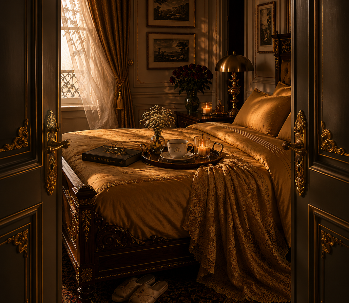 Two large wooden doors open to a Champagne-gold luxury bedding set with layered pillows, embroidered detailing, and elegant styling in a warmly lit bedroom retreat.